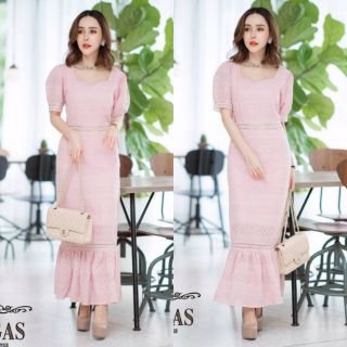 Maxi Dress ผ้าลูกไม้cotton ฉลุลาย สีชมพู