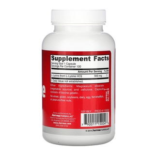 ภาพขนาดย่อของภาพหน้าปกสินค้าJarrow Formulas, L-Lysine 500 mg 100 Capsules จากร้าน vitaminsale บน Shopee ภาพที่ 1