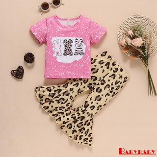 ❀XA❃Girl Short Sleeve Bunny Print T-Shirt + Leopard Flare Pants Set