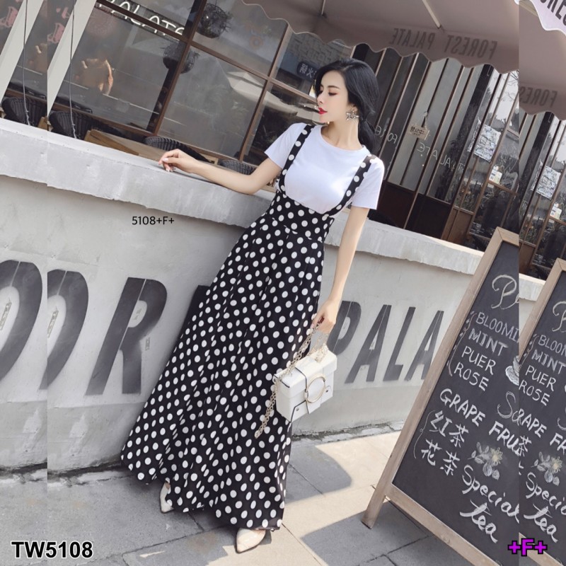 เอี้ยม-เสื้อยืดสีขาว-เอี๊ยมกางเกงลายจุด-polka-dot-สายผูกโบว์ผ้า4เวย์-ซิปหลัง-กางเกงทรงขาบาน-สวมใส่สบาย-ได้ทุกโอกาส