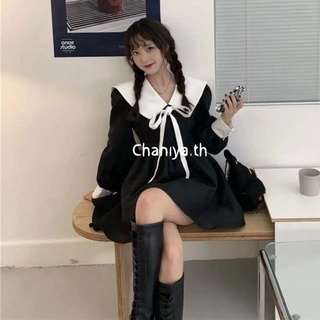 Chaniya.th🌺พร้อมส่ง🔥ชุดเดรสกระโปรงสั้นเหนือเข่าแขนยาวสีดำทรงเอแบบใหม่เรียบๆสไตสืเกาหลี🎀