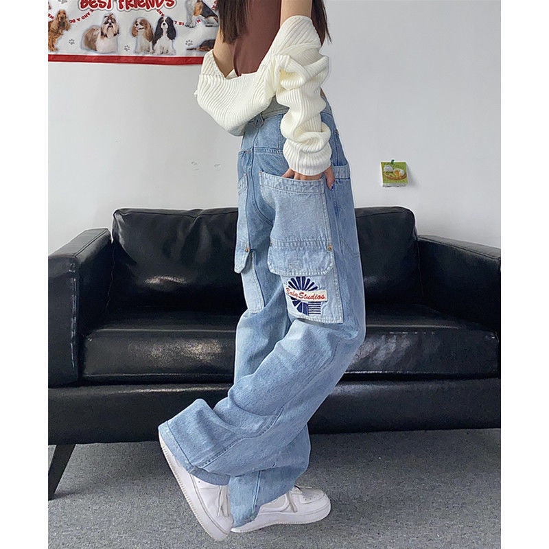กางเกงยีนส์สไตล์เกาหลี-กางเกงสตรีทสไตล์อเมริกันสไตล์ย้อนยุคกระเป๋าไล่โทนสีกางเกงยีนส์ขนาดบวกหลวมแนวโน้ม