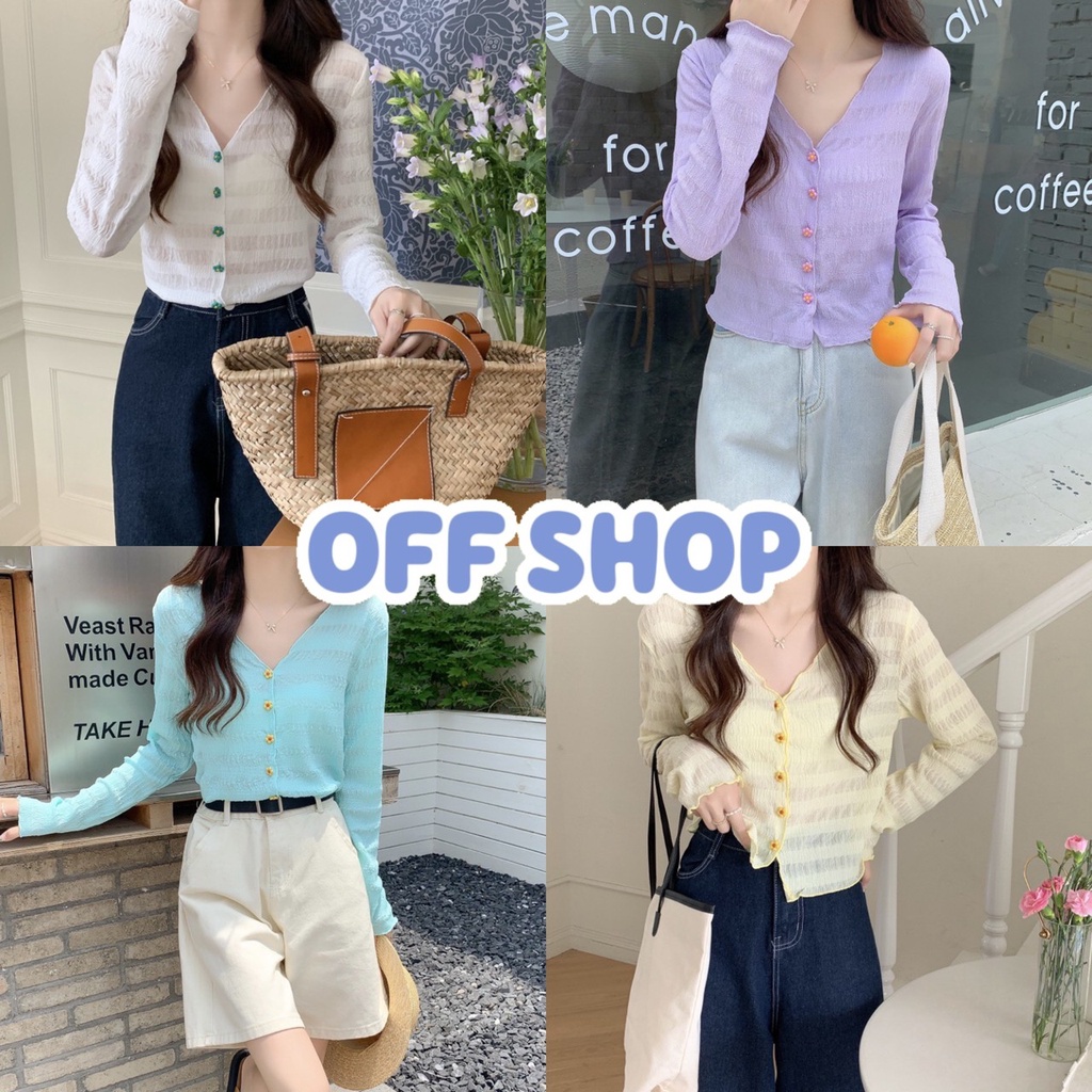OFF SHOP พร้อมส่ง (OFF-1880) เสื้อแขนยาวไหมพรม คอวี กระดุมด้านหน้า ...