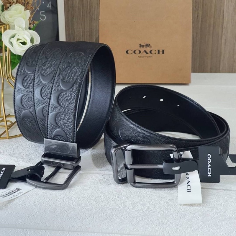 coach-f55157-wide-harness-cut-to-size-reversible-belt-in-signature-leather-เข็มขัดชาย-สีดำรมควัน-หนังแท้สีดำลายซีปั๊มนูน