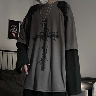 เสื้อยืดแขนยาว พิมพ์ลายไม้กางเขน ทรงหลวม ขนาดใหญ่ อินเทรนด์ฤดูใบไม้ร่วง สไตล์ฮิปฮอป สําหรับผู้ชาย และผู้หญิง