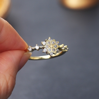ZHOUYANG แหวนเกล็ดหิมะสำหรับผู้หญิงเกาหลีน่ารักเพทายแสงทองแหวนแต่งงานสีเครื่องประดับขายส่งของขวัญคริสต์มาส KCR093