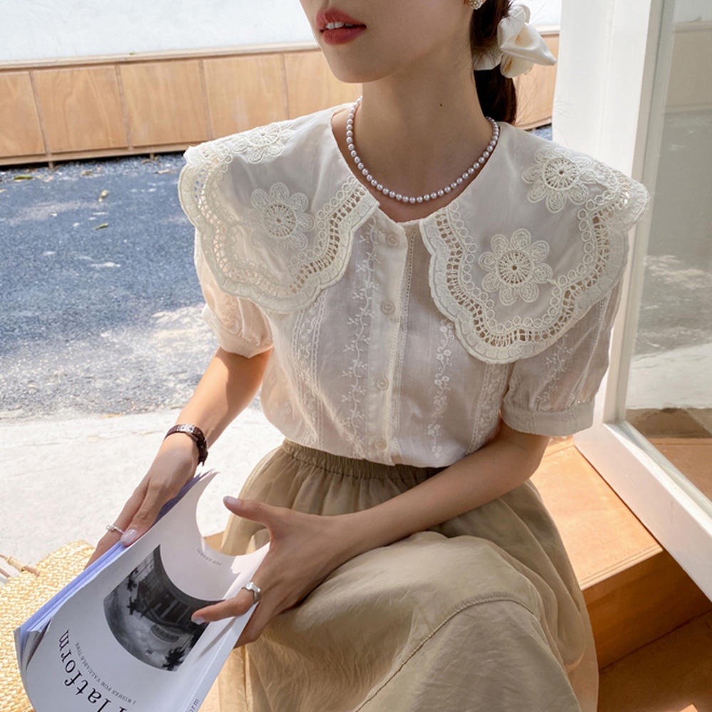 50577-เสื้อเชิ้ตแขนสั้น-คอปก-ปักลายลูกไม้-สไตล์ใหม่