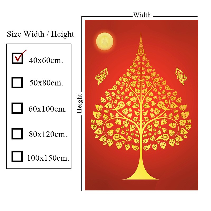ภาพติดผนัง-ต้นโพธิ์พระจันทร์เทวดาสาธุพื้นแดง-กาวในตัว