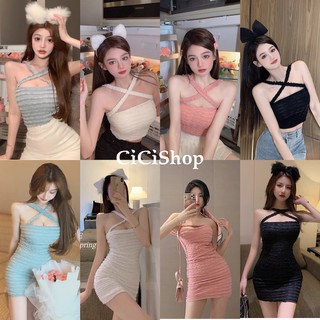 Cicishop(Set6065/6066)เสื้อ/เดรสสายเดี่ยวแบบไขว้ เนื้อผ้าดียืดได้เยอะ สไตล์เกาหลี