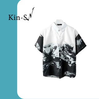 ราคาและรีวิว【KIN】 เสื้อเชิ้ต แต่งลาย แขนสั้น สำหรับผู้ชาย ภูเขาหิมะเสื้อแขนสั้น