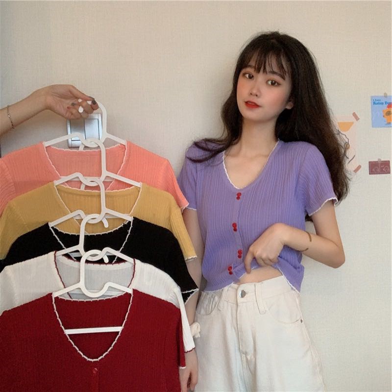 f-016-เสื้อไหมพรม-ครอปทอป-แขนสั้น-คอวี-กระดุมหน้า