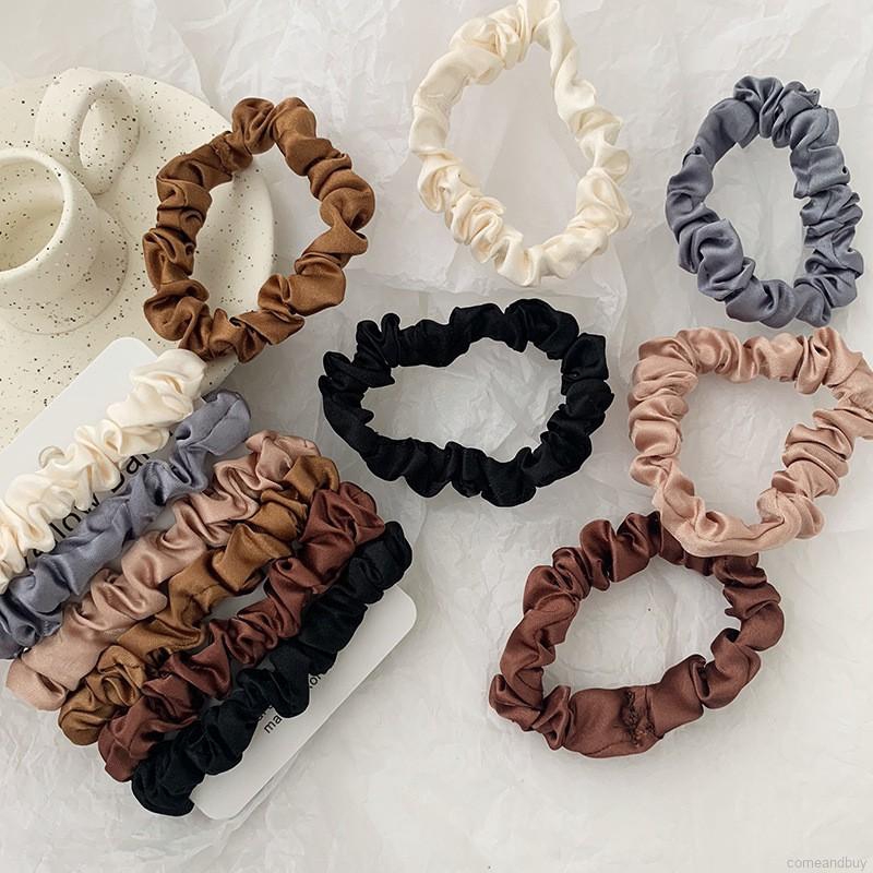 ยางรัดผม-ผ้าซาติน-แบบยืดหยุ่น-สีพื้น-สำหรับผู้หญิง-6-ชิ้น