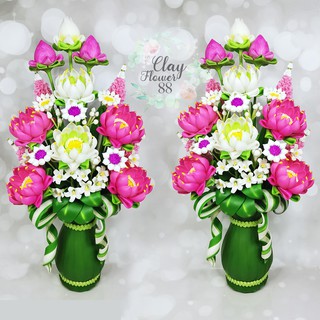 ชุดคู่ แจกันดอกบัว ประดิษฐ์ ดอกไม้ไหว้ บูชาพระ ดอกไม้ปลอม ดอกไม้ดินปั้นทำจาก ดินไทย แจกันใบตอง (สูง 17 นิ้ว)