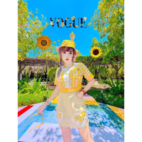 เซทดอกไม้ลายสก๊อตสีเหลืองกระโปรงแต่งหัวใจขอบลูกไม้เสื้อกระดุมหน้าใส่สบาย