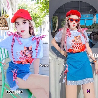 TW15534 Set 2 ชิ้น เสื้อยืดแขนสั้น สกรีนน้องแมวเหมียว แต่งสายลายสก็อตผูกไหล่ ผ้าคอตตอน + กระโปรงยีนส์เทียมสั้น ต่อลูกไม้