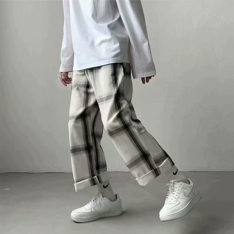 เสื้อผ้า-bjhg-บางกางเกงลายสก๊อตลำลองผู้ชายเกาหลีหลวมกางเกงขากว้างข้อเท้ายาวกางเกงขาตรง-s-3xl