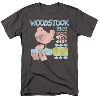 เสื้อยืดอินเทรนด์ผู้ชายอินเทรนด์ผู้หญิงWoodstock เสื้อยืดลําลอง ผ้าฝ้าย แขนสั้น คอกลม พิมพ์ลาย 3 วัน สีเทาถ่าน สันติภาพ