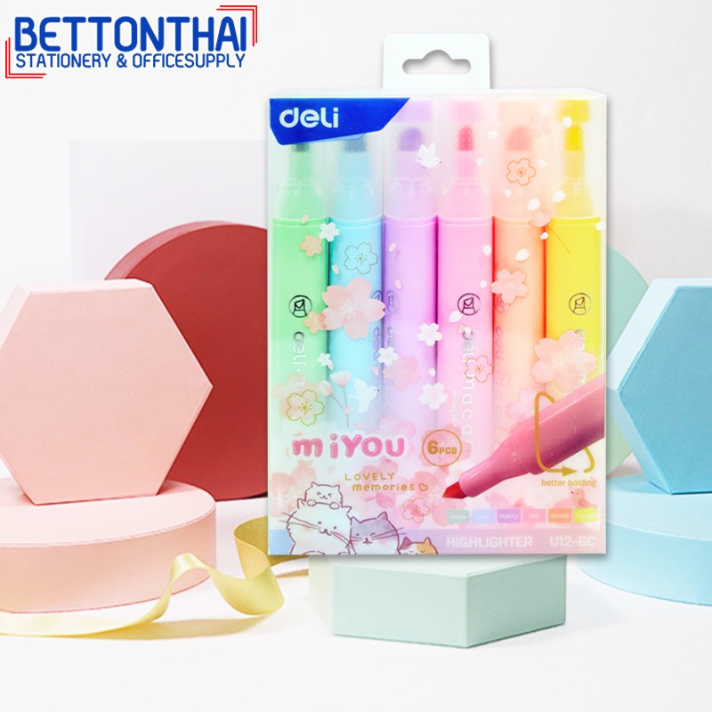 deli-u12-6c-highlighter-pastel-ไฮไลท์สีพาสเทล-ขนาด-1-4mm-สุดน่ารัก-แพ็ค-6-แท่ง-6-สี-เครื่องเขียน-ปากกาเน้นข้อความ