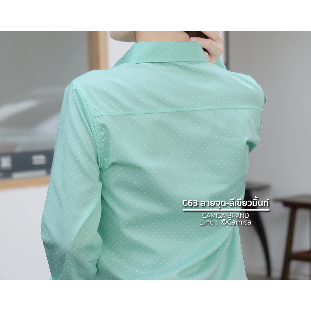 c63-เขียวมิ้นท์ลายจุด-ใจดำ-ผ้าcottonคุณภาพดี-เสื้อทำงาน-เสื้อใส่เที่ยว