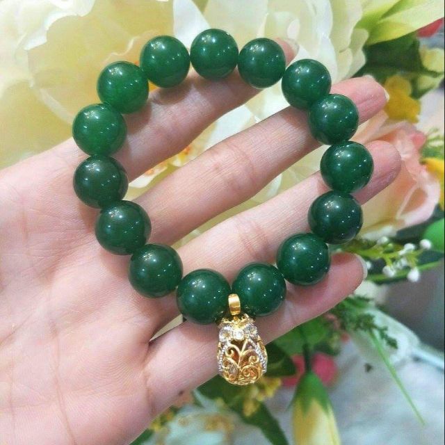 ข้อมือหยกพม่าแท้-พร้อมจี้ถุงทอง
