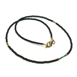 สร้อยคอแก้วดำพร้อมหินเทอร์ควอยส์ หินแท้ธรรมชาติ แฮนเมด Natural Turquoise Beads Necklace with Black Glass