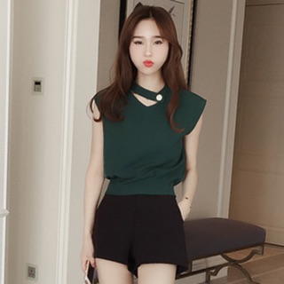 FB.เสื้อโชคเกอร์แฟชั่นแขนกุดแบบน่ารักสไตล์เกาหลี รหัส 1486-สีเขียว