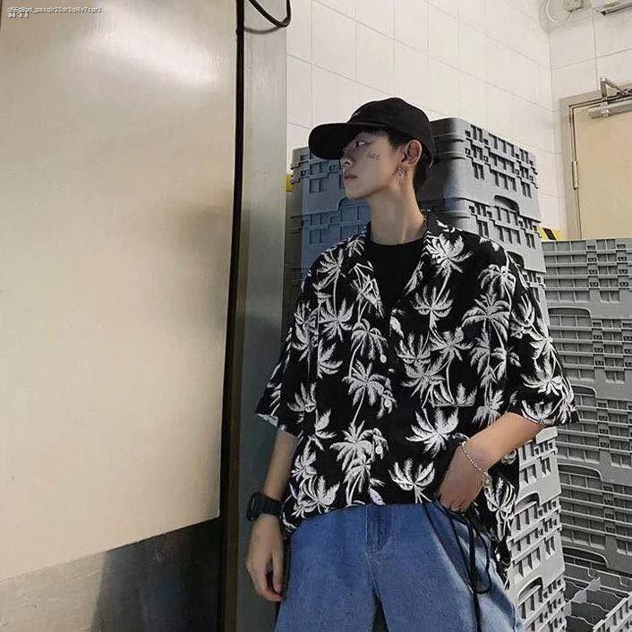 ฮ่องกงแฟชั่นย้อนยุคลายมะพร้าวเสื้อแขนสั้นชายเสื้อหลวมบางเสื้อฮาวายป่าแขนสั้นฤดูร้อนเกาหลี