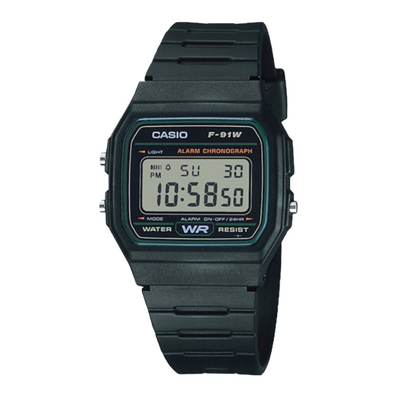 casio-นาฬิกาดิจิตอล-นาฬิกาข้อมือผู้หญิง-สายสายเรซิน-รุ่น-f-91w-3สี-สีนำ้เงิน-สีเขียว-สีทอง-ของแท้-100