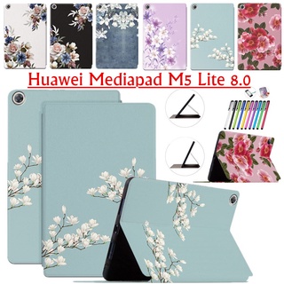 เคสหนัง PU ฝาพับ ลายดอกไม้ สําหรับ Huawei Mediapad M5 Lite 8.0 (JDN2-AL00/W09)