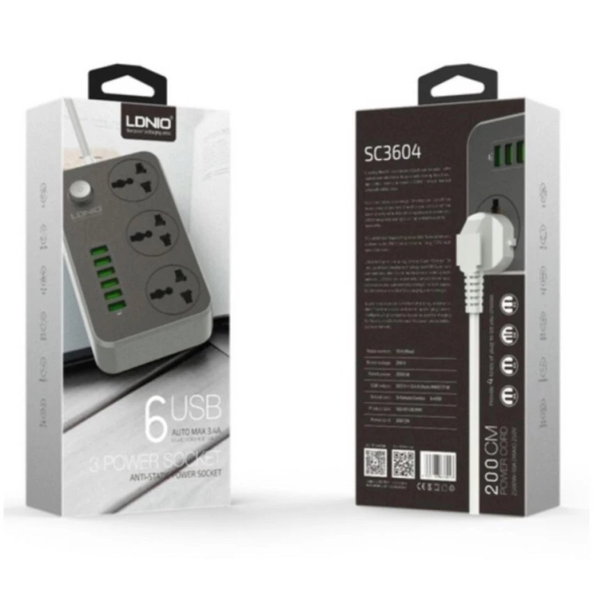 ldnio-sc3604-power-strip-with-3ac-sockets-6usb-ports-black-eu-plug
