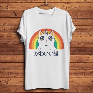 ขายดี!Kawaii Neko เสื้อยืดลําลอง แขนสั้น พิมพ์ลายแมวยูนิคอร์น สีขาว สไตล์สตรีท เหมาะกับฤดูร้อน สําหรับผู้ชาย และผู้หญิงS