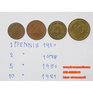 (ชุดที่4) ขายเหรียญต่างประเทศ BUNDESREPUBLIK DEUTSCHLAND PEENNIG 1-2-5-10 ทั้งชุด
