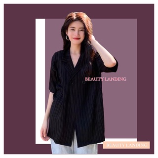 Beauty Landing เสื้อเชิ้ต แขนสั้น ดีเทลกระดุมหน้าคู่ สไตล์เกาหลี