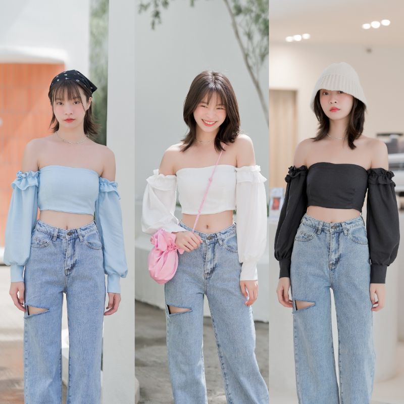 Cronie.official | Lunar crop เสื้อครอปแขนยาว ปาดไหล่ ดีเทลระบายต้นแขน ...
