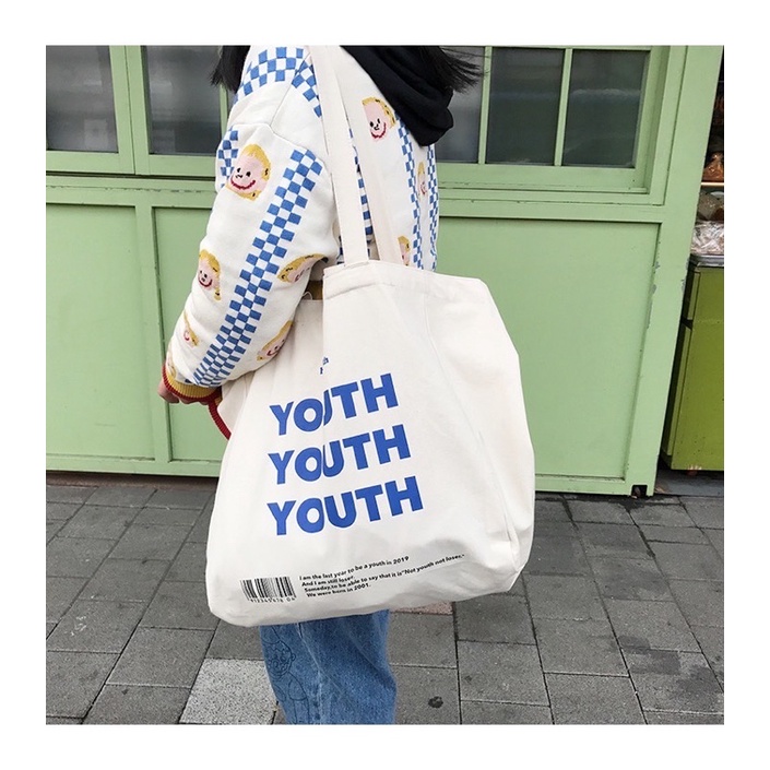 พร้อมส่ง-ร้านไทย-กระเป๋าผ้าสไตล์เกาหลี-youth-ใบใหญ่