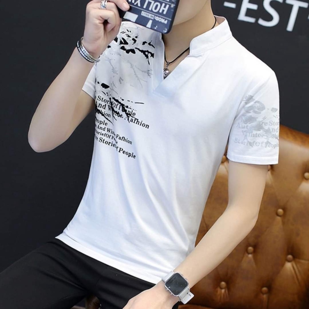 เสื้อยืดแขนสั้นคอจีน-สไตล์เกาหลี-รหัส-v002-สีขาว