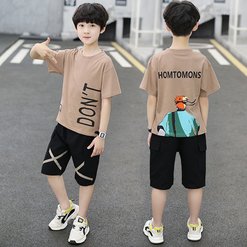 ชุดเด็กชายผ้าฝ้ายแขนสั้น-2021-เสื้อผ้าฤดูร้อนใหม่เวอร์ชั่นเกาหลีของบิ๊กบอยฤดูร้อนเสื้อผ้าบางชุดสูทสองชิ้น