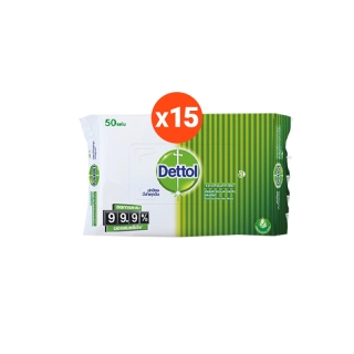 [ลดเพิ่ม 120.-] Dettol เดทตอล ผ้าเช็ดทำความสะอาดผิวแบบเปียก แอนตี้แบคทีเรีย (50 แผ่น 15ชิ้น)