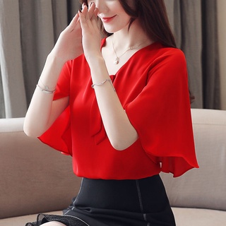 ✺▫❒เสื้อชีฟองแฟชั่นสตรีแขนสั้นฤดูร้อนปี 2022 เวอร์ชั่นเกาหลีใหม่ของอารมณ์และสไตล์ต่างประเทศเสื้อคลุมท้องและโชว์ท็อปสุดบา