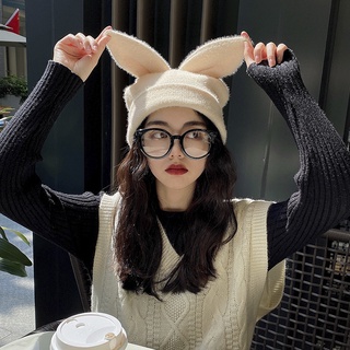 หมวกหูกระต่าย ผ้าขนแกะถัก ให้ความอบอุ่น ลายการ์ตูนน่ารัก สีขาว แฟชั่นฤดูใบไม้ร่วง และฤดูหนาว สไตล์เกาหลี สําหรับเด็กผู้หญิง
