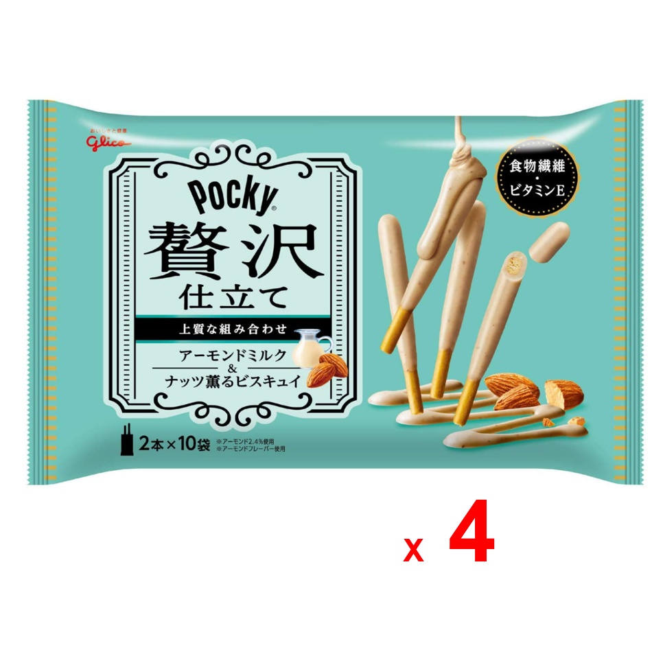 glico-pocky-บิสกิตแท่ง-กูลิโกะ-ป๊อกกี้-ลักชัวเรียส-อัลมอนด์-มิลค์-ทำจากแป้งสาลี-นมผง-อัลมอนด์-และนมผงอัลมอนด์-ชุดละ-4-ถุ