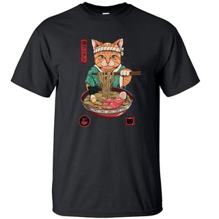 เสื้อยืดผ้าฝ้ายพิมพ์ลายคลาสสิกเสื้อยืดแขนสั้นคอกลมพิมพ์ลายการ์ตูนญี่ปุ่น Cat Eat Ramen แฟชั่นผู้ชาย