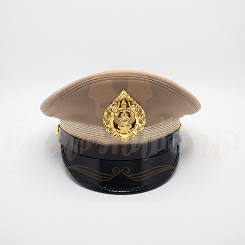 หมวกข้าราชการพลเรือนสีกากี-หน้าหมวกครุฑโลหะ-สายรัดคางสีดำ
