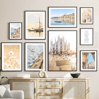 โปสเตอร์ภาพวาดผ้าใบ รูปเมืองริมทะเล ดอกเบญจมาศ สไตล์นอร์ดิก สําหรับตกแต่งผนัง ห้องนั่งเล่น