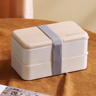 กล่องอาหารเข้าไมโครเวฟได้ กล่องข้าว กล่องใส่ข้าว (ทรงสี่เหลี่ยม ฝาลายไม้สไตล์ญี่ปุ่น )1200ml-ทรงสี่เหลี่ยม-สายรัด-2ชั้น