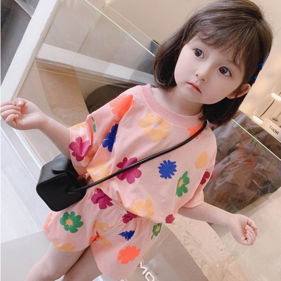 suit-2021-เด็กเกาหลีแขนสั้นสไตล์ตะวันตกชุดเด็กผู้หญิงเกาหลีดอกไม้-2-ชิ้น