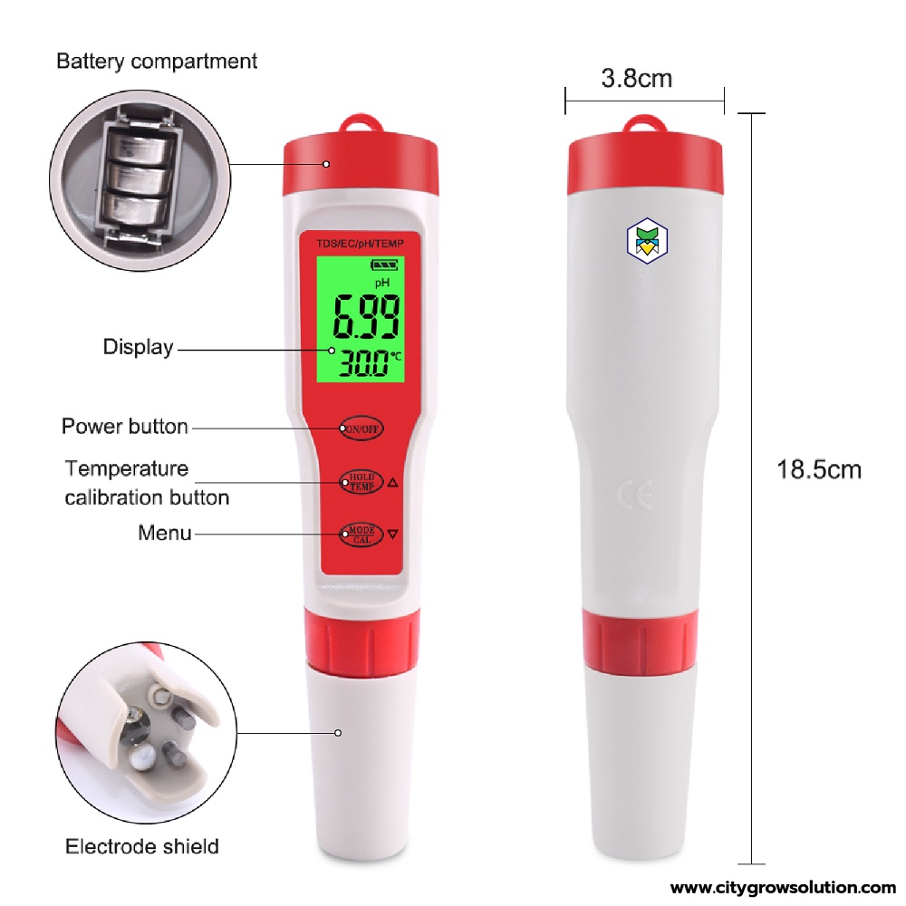 เครื่องวัดค่านํ้า-4in1-ph-meter-มีไฟในตัว-blacklight-วัดค่ากรด-ด่าง-ph-tds-ec-temp-แถมฟรีผงคาริเบท-calibrate-ph-buffer