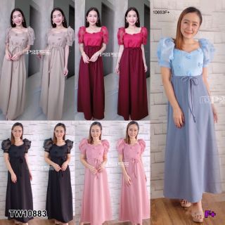 <TW10883>Maxi Dress เดรสยาวคอเหลี่ยมแขนตุ๊กตา แต่งผ้าลูกไม้ช่วงบน ช่วงล่างเนื้อผ้าวูลเวฟยืดหยุ่นได้ดี