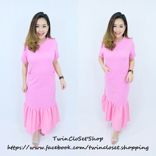 TwinclosetShop Maxi เดรสกระโปรงยาวชายระบายสีชมพูบานเย็น มีกระเป๋าหน้า