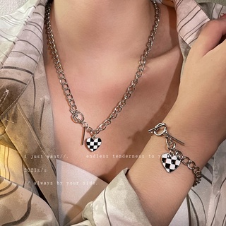 Black and white checkerboard love T-shaped buckle necklace womens all-match design clavicle chain simple cold wind for